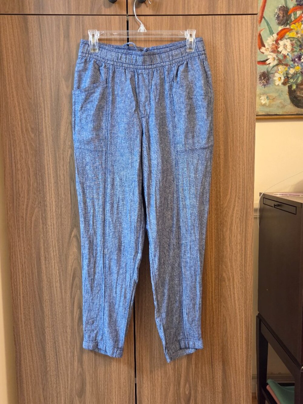 Old Navy sz S Blue Chambray Cropped Linen Blend Straight Taper Pants Four Pocket